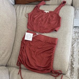 Ribbed Rust Two-Piece Crop Top & Ruched Skirt Set size small